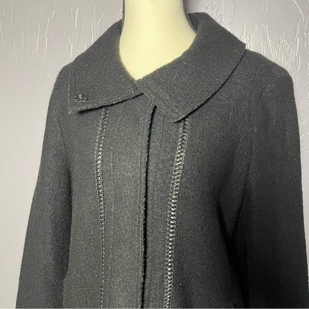 Hilary Radley 100% Boiled Wool A Line Pea Coat with Leather Trim Detail Black - Picture 6 of 12